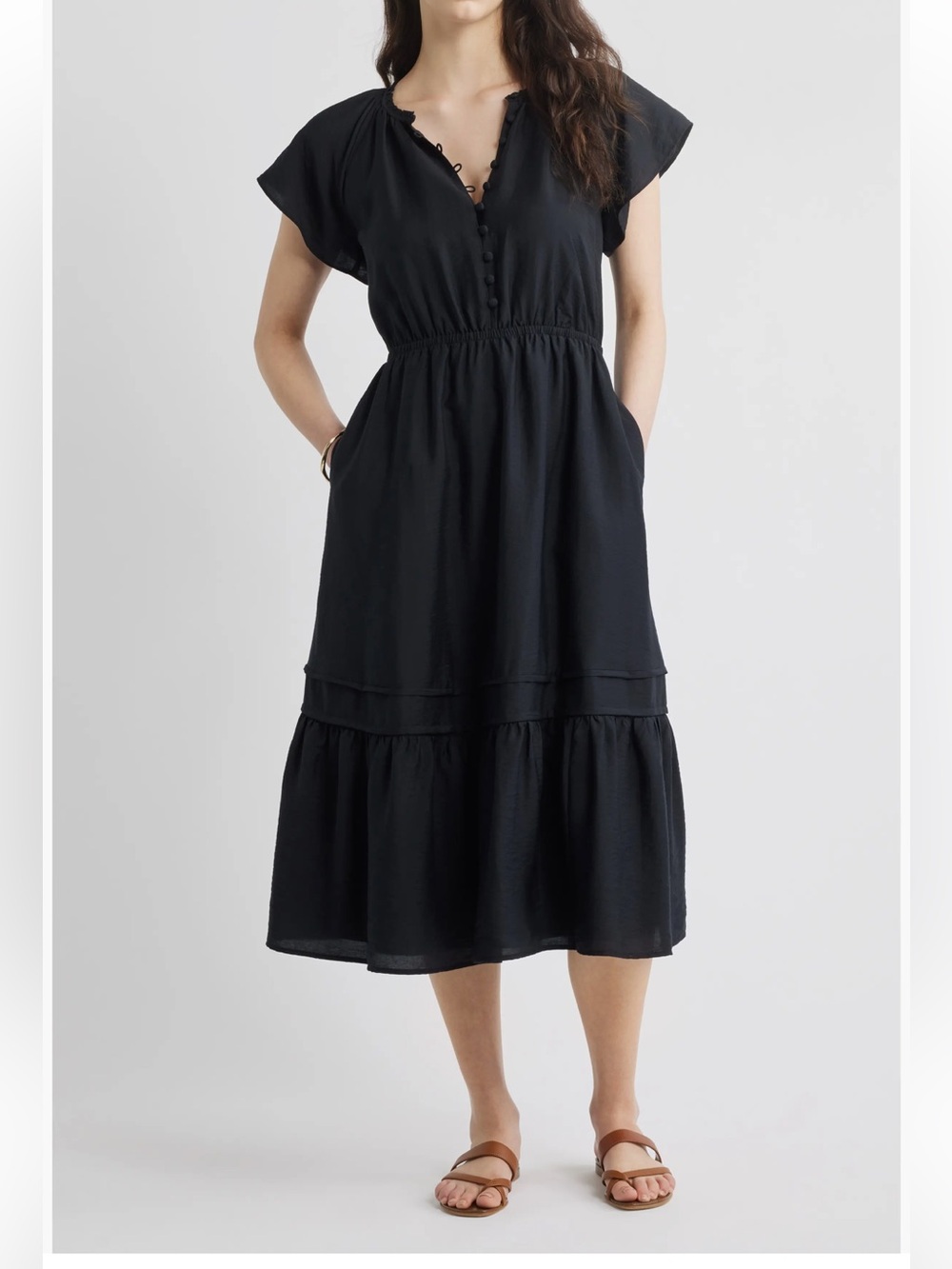 New Caslon Nordstrom Black Wide Sleeve Button Front Long Midi Dress XL